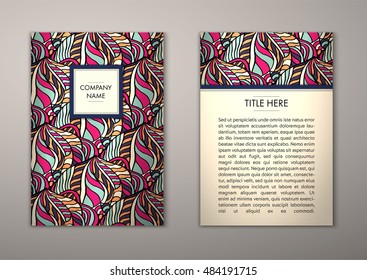 Flyer template with abstract ornament pattern. Vector greeting card design. Front page and back page.
