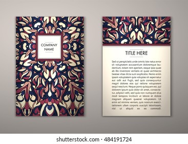 Flyer template with abstract ornament pattern. Vector greeting card design. Front page and back page.