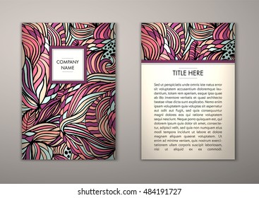 Flyer template with abstract ornament pattern. Vector greeting card design. Front page and back page.