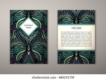 Flyer template with abstract ornament pattern. Vector greeting card design. Front page and back page.