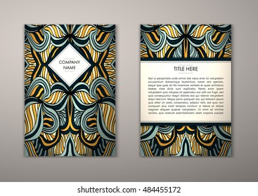 Flyer template with abstract ornament pattern. Vector greeting card design. Front page and back page.