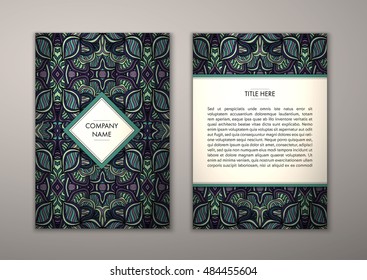 Flyer template with abstract ornament pattern. Vector greeting card design. Front page and back page.