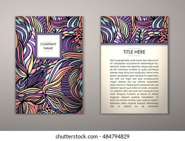 Flyer template with abstract ornament pattern. Vector greeting card design. Front page and back page.