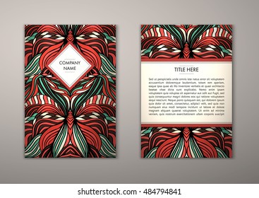 Flyer template with abstract ornament pattern. Vector greeting card design. Front page and back page.