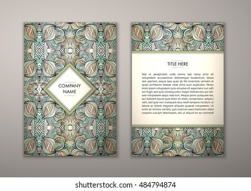 Flyer template with abstract ornament pattern. Vector greeting card design. Front page and back page.