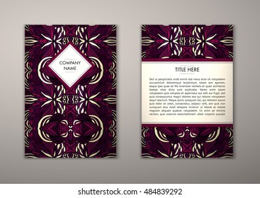 Flyer template with abstract ornament pattern. Vector greeting card design. Front page and back page.