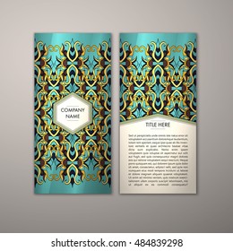 Flyer template with abstract ornament pattern. Vector greeting card design. Front page and back page.