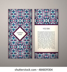 Flyer template with abstract ornament pattern. Vector greeting card design. Front page and back page.