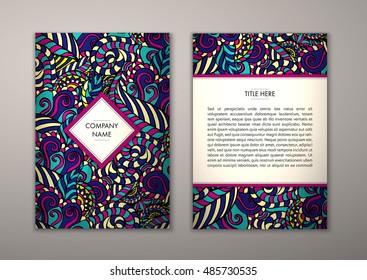 Flyer template with abstract ornament pattern. Vector greeting card design. Front page and back page.