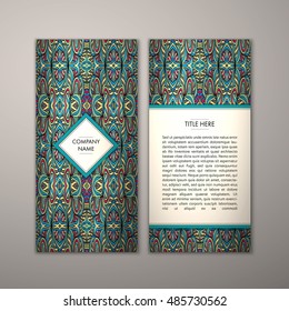 Flyer template with abstract ornament pattern. Vector greeting card design. Front page and back page.