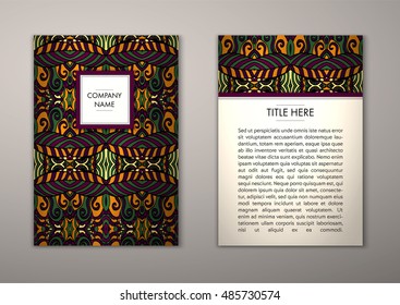 Flyer template with abstract ornament pattern. Vector greeting card design. Front page and back page.