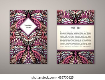 Flyer template with abstract ornament pattern. Vector greeting card design. Front page and back page.