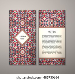 Flyer template with abstract ornament pattern. Vector greeting card design. Front page and back page.