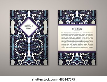 Flyer template with abstract ornament pattern. Vector greeting card design. Front page and back page.