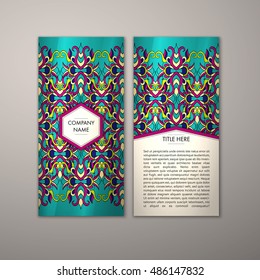 Flyer template with abstract ornament pattern. Vector greeting card design. Front page and back page.