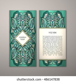 Flyer template with abstract ornament pattern. Vector greeting card design. Front page and back page.