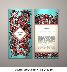 Flyer template with abstract ornament pattern. Vector greeting card design. Front page and back page.