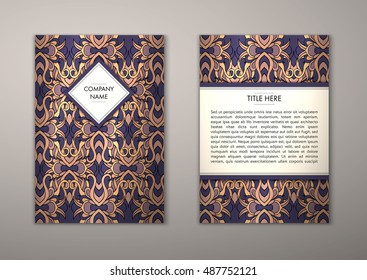 Flyer template with abstract ornament pattern. Vector greeting card design. Front page and back page.