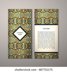 Flyer template with abstract ornament pattern. Vector greeting card design. Front page and back page.