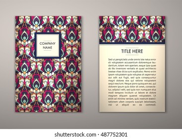 Flyer template with abstract ornament pattern. Vector greeting card design. Front page and back page.