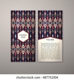 Flyer template with abstract ornament pattern. Vector greeting card design. Front page and back page.