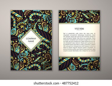 Flyer template with abstract ornament pattern. Vector greeting card design. Front page and back page.