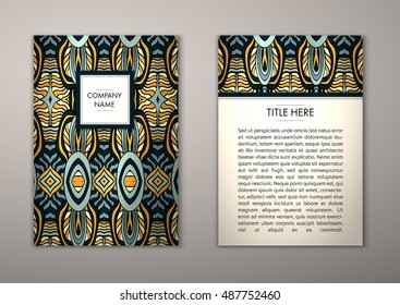Flyer template with abstract ornament pattern. Vector greeting card design. Front page and back page.