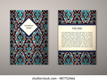 Flyer template with abstract ornament pattern. Vector greeting card design. Front page and back page.