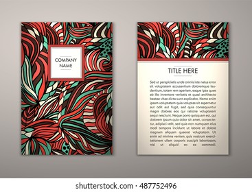 Flyer template with abstract ornament pattern. Vector greeting card design. Front page and back page.