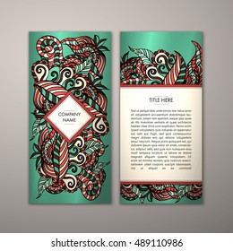Flyer template with abstract ornament pattern. Vector greeting card design. Front page and back page.