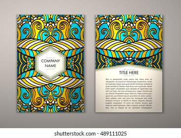 Flyer template with abstract ornament pattern. Vector greeting card design. Front page and back page.