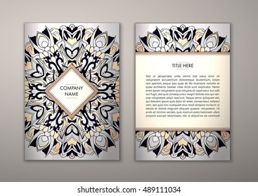 Flyer template with abstract ornament pattern. Vector greeting card design. Front page and back page.