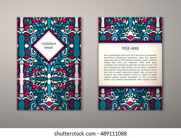 Flyer template with abstract ornament pattern. Vector greeting card design. Front page and back page.