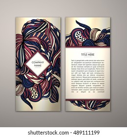 Flyer template with abstract ornament pattern. Vector greeting card design. Front page and back page.