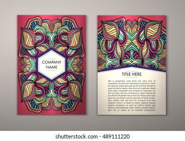 Flyer template with abstract ornament pattern. Vector greeting card design. Front page and back page.