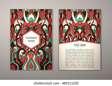 Flyer template with abstract ornament pattern. Vector greeting card design. Front page and back page.