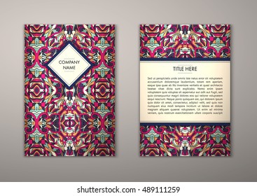 Flyer template with abstract ornament pattern. Vector greeting card design. Front page and back page.