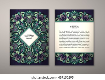 Flyer template with abstract ornament pattern. Vector greeting card design. Front page and back page.