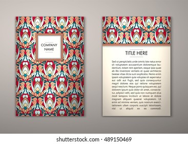Flyer template with abstract ornament pattern. Vector greeting card design. Front page and back page.