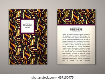 Flyer template with abstract ornament pattern. Vector greeting card design. Front page and back page.