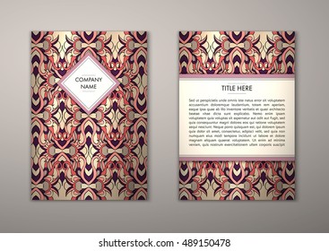 Flyer template with abstract ornament pattern. Vector greeting card design. Front page and back page.