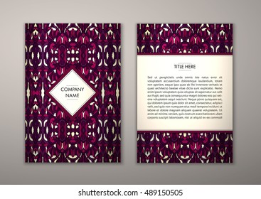 Flyer template with abstract ornament pattern. Vector greeting card design. Front page and back page.