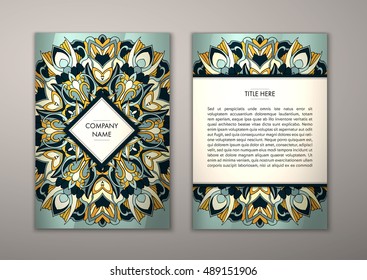 Flyer template with abstract ornament pattern. Vector greeting card design. Front page and back page.