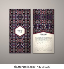 Flyer template with abstract ornament pattern. Vector greeting card design. Front page and back page.