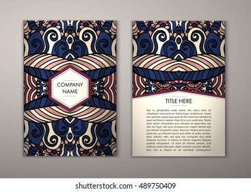 Flyer template with abstract ornament pattern. Vector greeting card design. Front page and back page.