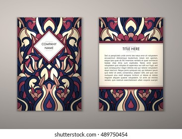 Flyer template with abstract ornament pattern. Vector greeting card design. Front page and back page.