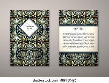 Flyer template with abstract ornament pattern. Vector greeting card design. Front page and back page.