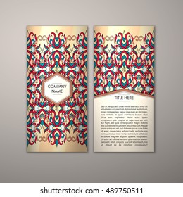 Flyer template with abstract ornament pattern. Vector greeting card design. Front page and back page.