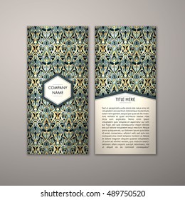 Flyer template with abstract ornament pattern. Vector greeting card design. Front page and back page.