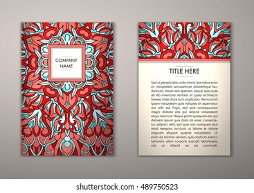 Flyer template with abstract ornament pattern. Vector greeting card design. Front page and back page.